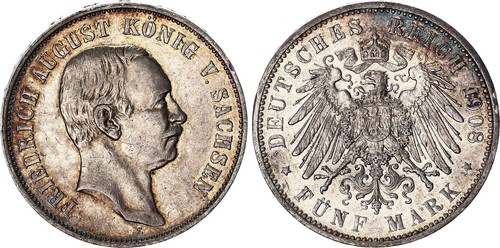 Sachsen mark silber 1908 e - 5,